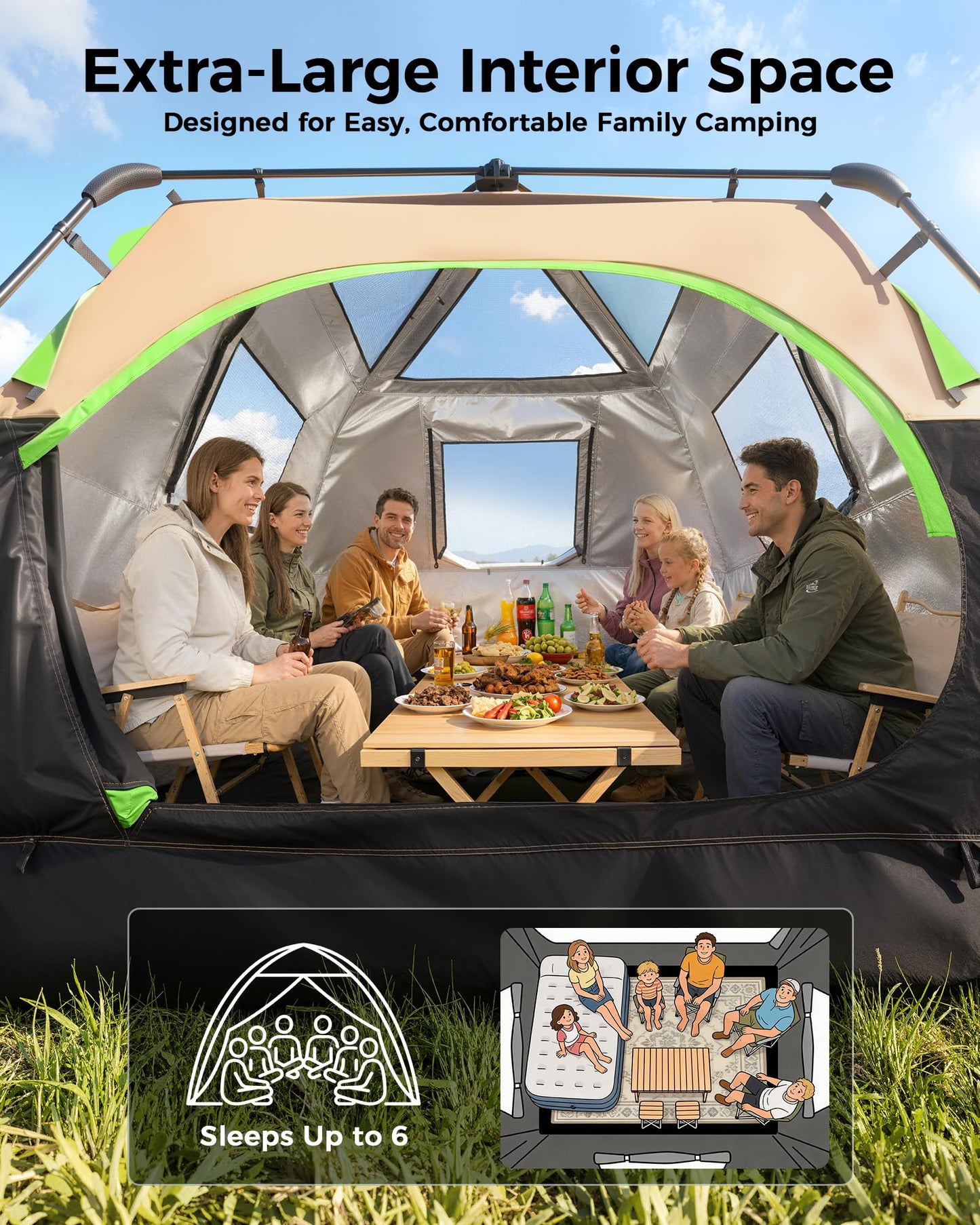 6 Person Instant Tent, Camping Tent Setup in 60 Seconds, Waterproof Pop Up Tents for Camping with Top Rainfly, Instant Cabin Tents with Portable Carry Bag for Family Camp & Hiking, Black + Brown