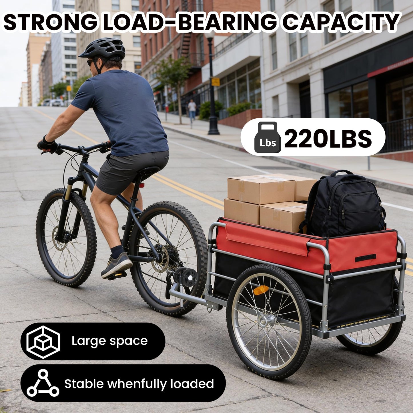 KEIKI Bike Cargo Trailer, Aluminum Luggage Cart, Heavy Duty 220 lbs Bicycle Wagon Cart, Folding Groceries Hauler with Safe Hitch System, Removable Cover, Oxford Fabric for Cycling Travel, Black+Red