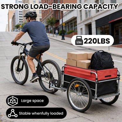 KEIKI Bike Cargo Trailer, Aluminum Luggage Cart, Heavy Duty 220 lbs Bicycle Wagon Cart, Folding Groceries Hauler with Safe Hitch System, Removable Cover, Oxford Fabric for Cycling Travel, Black+Red