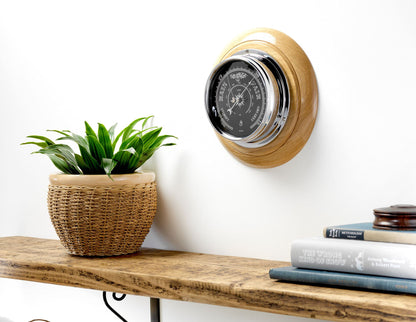 Tabic Prestige Traditional Chrome Barometer Handmade in England with Heavy Brass Case (1/2kg) - Electroplated Chromium Finish - Jet Black Dial - Solid English Oak Mount - Accurate Weather Forecasting