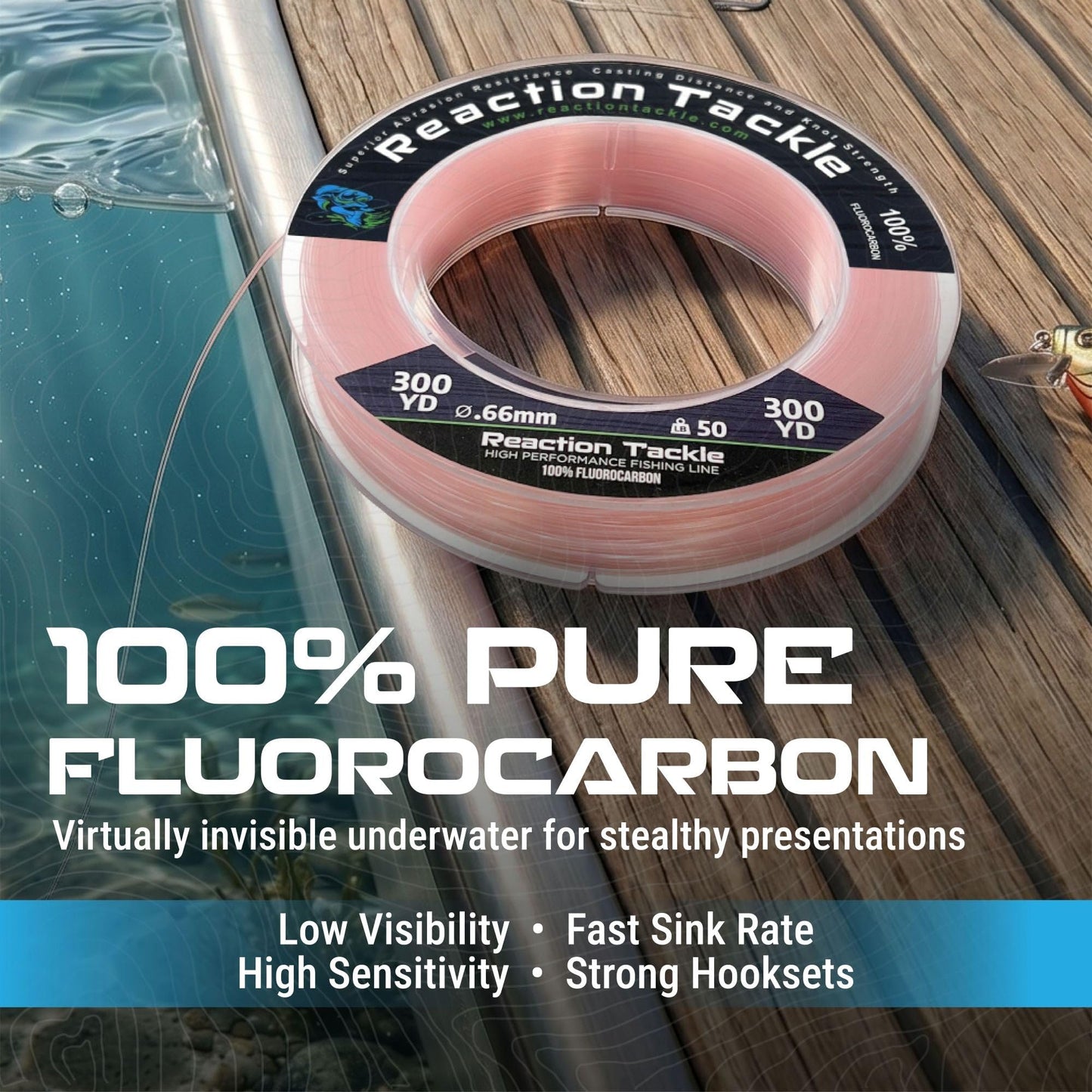 Reaction Tackle 100% Pure Fluorocarbon Fishing Line - High Strength, Abrasion-Resistant, Fast-Sinking, Virtually Invisible - Saltwater and Freshwater Leader Line - Clear - 200LB 50 Yards