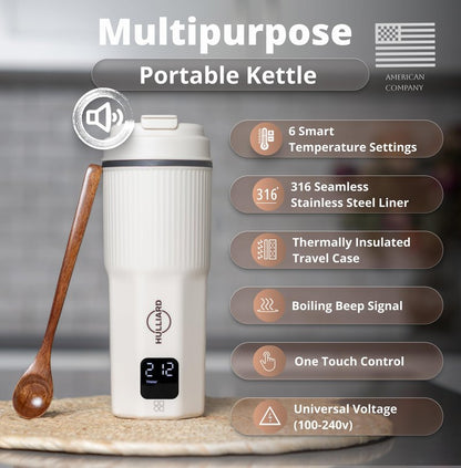 HULLIARD Travel Electric Kettle - 316 Stainless Steel, Portable Tea Kettle & Water Heater, 450ml Portable Water Boiler, 6 Temperature Settings, Auto Shut-Off, Universal Voltage (100-240V)