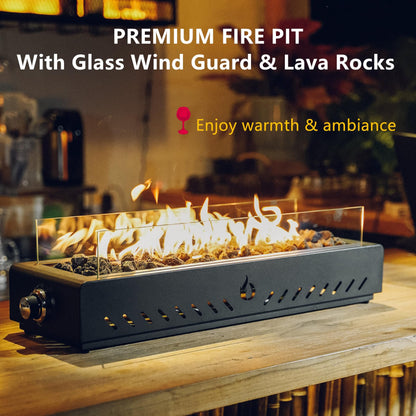 28" Tabletop Propane Gas Fire Pit Bottom-Mounted for Table with Umbrella Hole, Portable Smokeless Firepit with Glass Wind Guard for Outdoor Patio Backyard Porch Camping Tailgating RV, 40000BTU, FP044