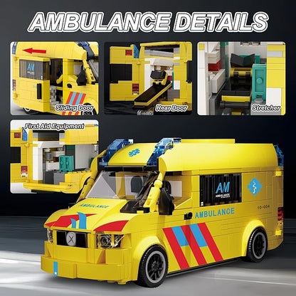 Ambulance Building Set International Rescue Vehicle Model Kit Removable Roof &amp Functional Doors Display Collectible City Truck Compatible with Lego Emergency Ambulance 618 PCS
