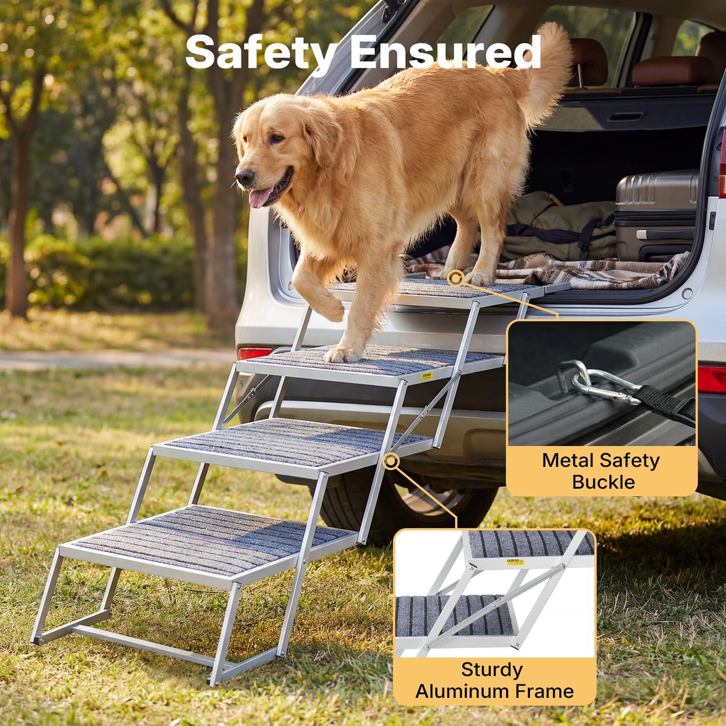 Veehoo Extra Wide Dog Steps for Car SUV Truck Foldable, 4 Steps Portable Aluminum Dog Stairs for Injured Senior Large Dogs 20" Wide, Heavy Duty Pet Ramp Ladder with Non Slip Surface, up to 170lbs