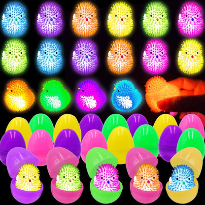 PIONJOY 12 Pack Easter Eggs Filled Chick LED Puffer Balls,LED Light Up Toys Stuffers Stress Relief LED Ball for Kids Easter Egg Hunt Filling Treats Easter Basket Stuffers Easter Party Favor