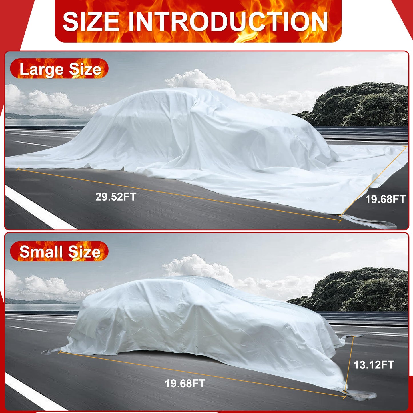 Azazccm Emergency Fire Blanket for Car, Large Fiberglass Fire Suppression Blanket, Survival Safety for Electric Vehicle Truck Automotive Conflagration (13.12x19.68FT), White