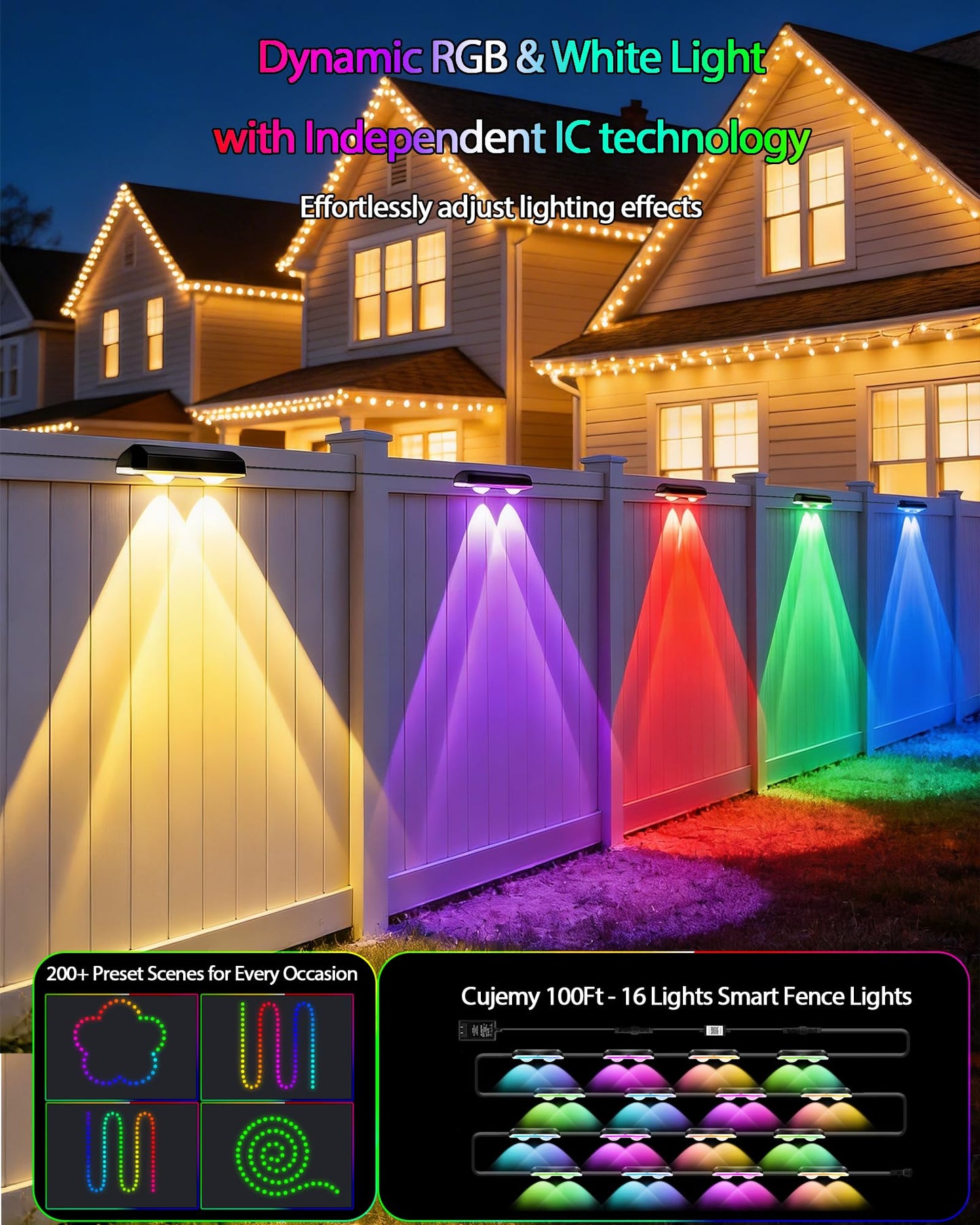 Cujemy Outdoor Deck Lights 16 Pack, 100ft Smart RGB Outdoor Lights, APP, Remote Control, Waterproof LED String Light with Timer for Wall Fence Step Yard Stairs Pool Halloween Christmas Decor