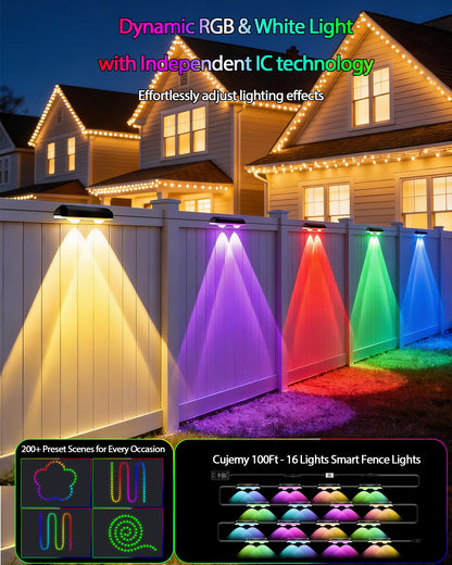 Cujemy Outdoor Deck Lights 16 Pack, 100ft Smart RGB Outdoor Lights, APP, Remote Control, Waterproof LED String Light with Timer for Wall Fence Step Yard Stairs Pool Halloween Christmas Decor