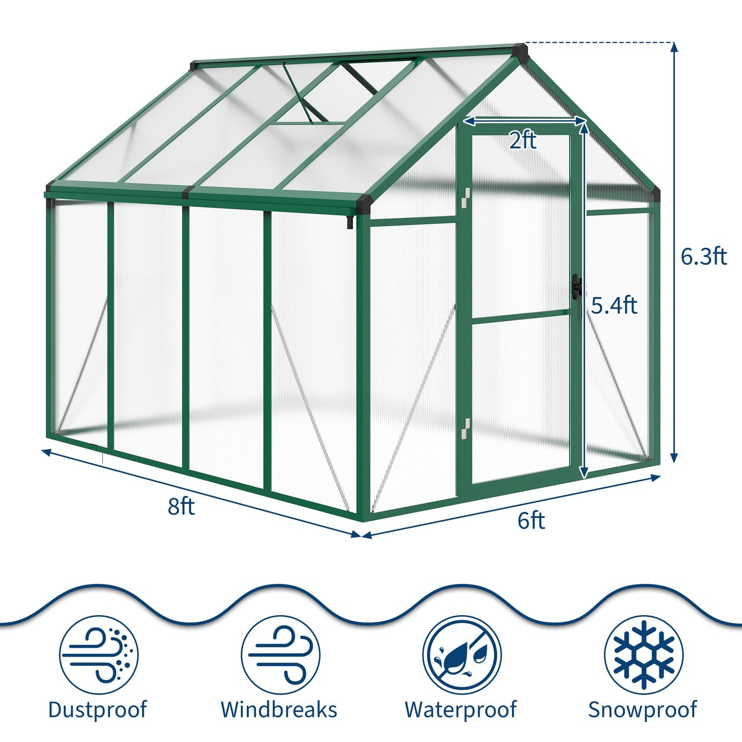 GarveeHome 6X8 FT Greenhouse for Outdoors, Large Walk-in Polycarbonate Greenhouse Kit, Aluminum Frame, Lockable Door, Roof Vent, Ground Spikes, for Garden, Patio, Backyard, Outdoor Plant Growth