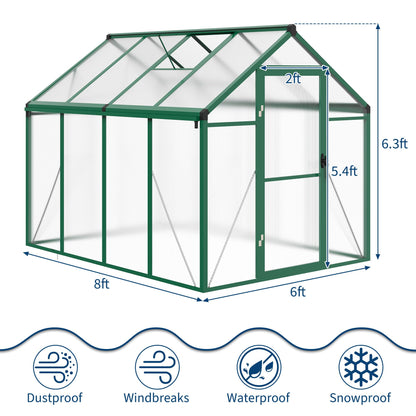 GarveeHome 6X8 FT Greenhouse for Outdoors, Large Walk-in Polycarbonate Greenhouse Kit, Aluminum Frame, Lockable Door, Roof Vent, Ground Spikes, for Garden, Patio, Backyard, Outdoor Plant Growth