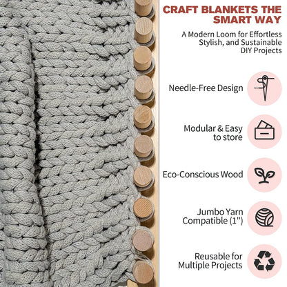 46 Inch Chunky Knitting Blanket Loom - Wooden Knitting Loom Frame for Hand, Thick Yarn Knitting Tools for Beginner, Foldable and Portable Chunky Blankets Extra Large Loom