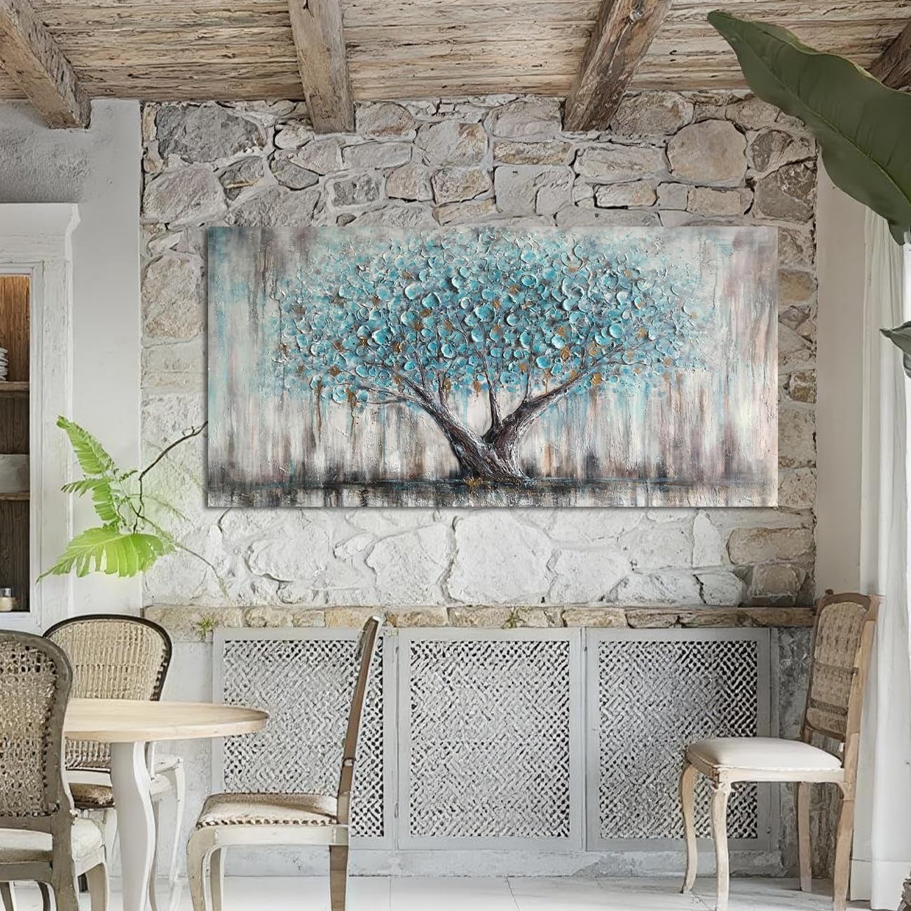 Arjun Tree Wall Art Canvas for Living Room Blue Tree of Life Nature Teal Abstract Textured Painting Picture Modern Panoramic Landscape Artwork Framed Bedroom Home Office Decor, Large Size 40"x20"