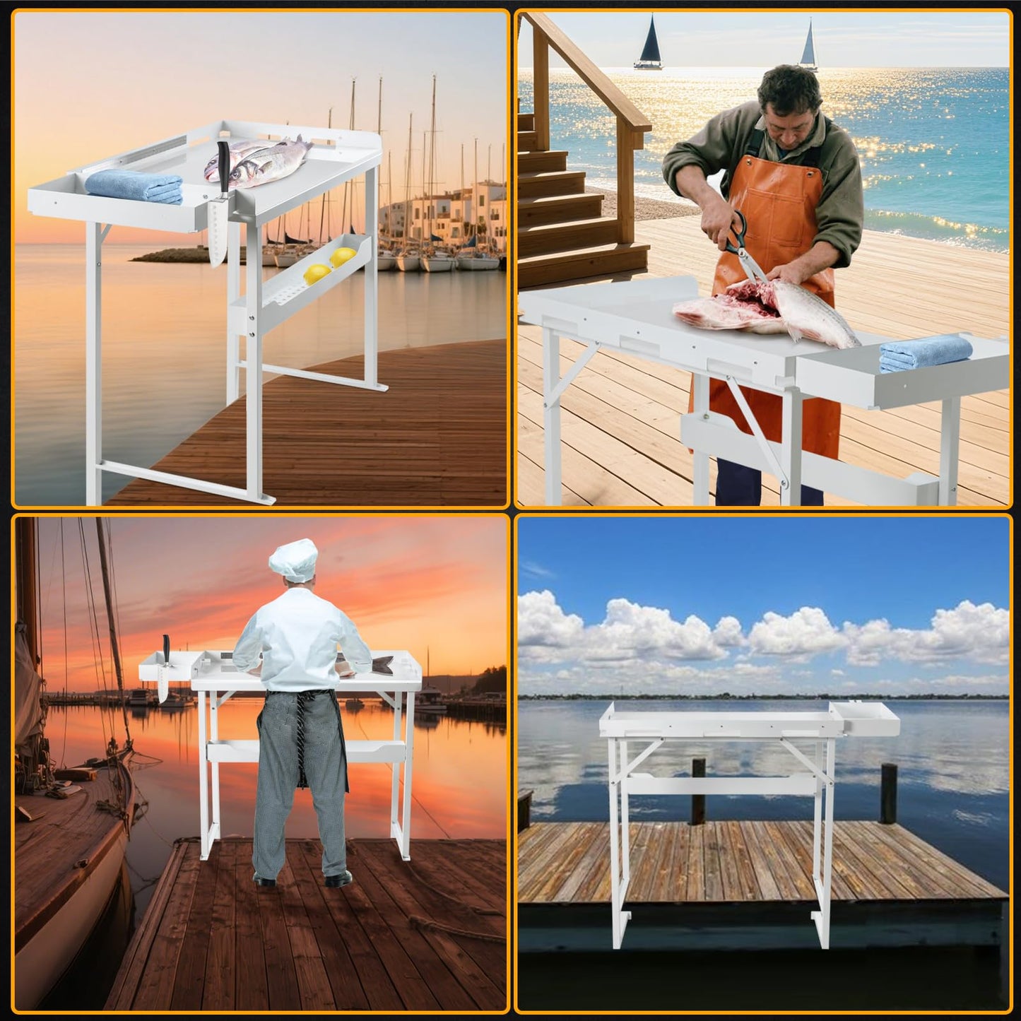 HomiShare Professional Heavy-Duty Dock-Mounted Fish Fillet Table, Corrosion-Resistant, Ergonomic Dock Cleaning Station with HDPE Cutting Board & Tool Storage