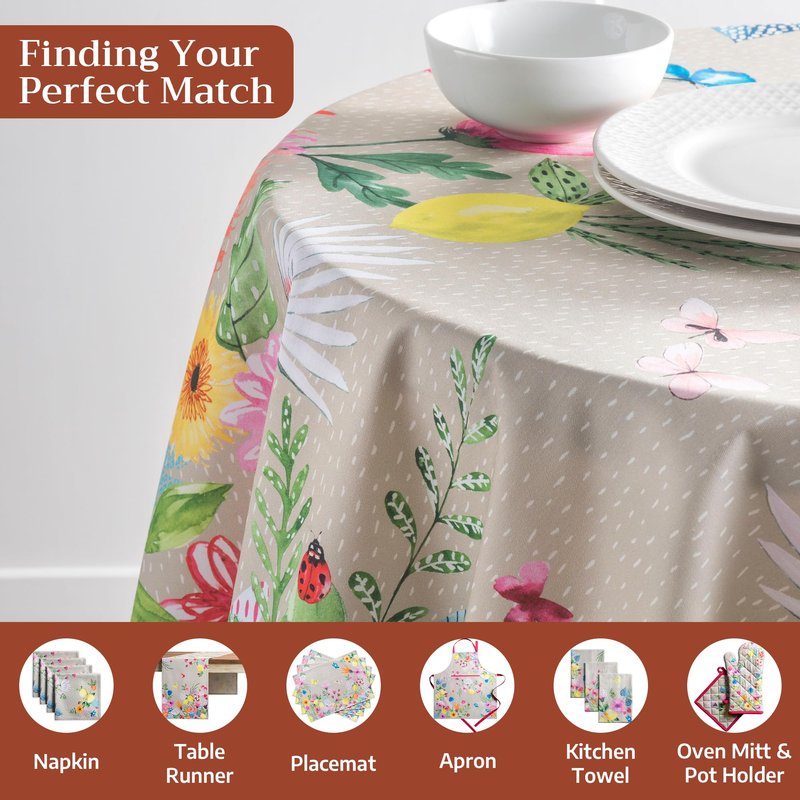 Maison d' Hermine Table Cloth Round Table 100% Cotton 69 Round Inches Tablecloth Reusable Decorative for Dining Kitchen Room Farmhouse Home Gifts for Mothers Day Spring Summer - Jardin D'Ete - Fog