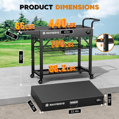 Raynesys Outdoor Grill Cart, 440lbs Outdoor Grill Table, 31x17 inch Blackstone Griddle Stand, Portable Folding Cart with Wheels, 2-Tier Storage Rack & Side Storage Box (Black)