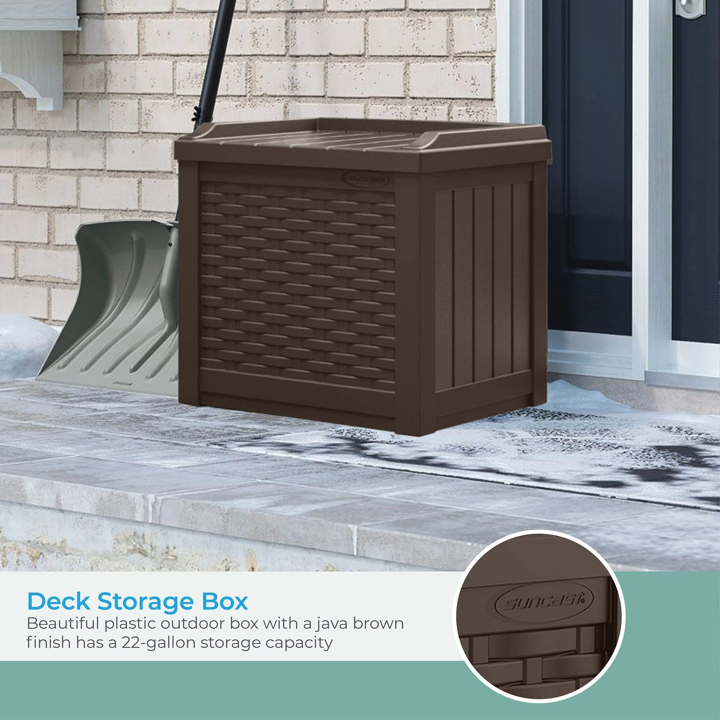 Suncast 22 Gallon Small Resin Storage Seat, Java, SSW600J & Keter Marvel Plus 71 Gallon Resin Outdoor Box for Patio Furniture Cushion Storage, Brown