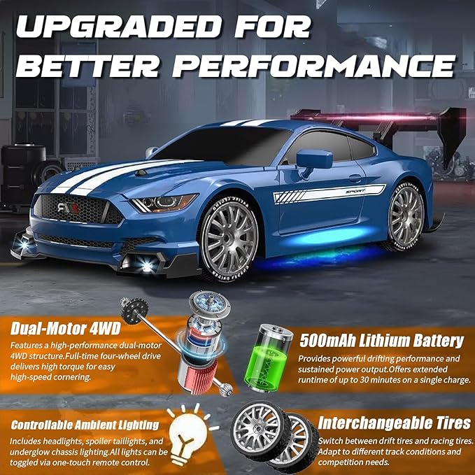 RC Drift Car 1:24 Scale Remote Control Vehicle for Kids2.4GHz 20KM/H 4WD High Speed RC Cars with LED Light Two Batteries &amp Drifting Tires Racing Sport Toy Cars for Adults Boys Girls Kids 8601RD