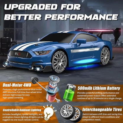 RC Drift Car 1:24 Scale Remote Control Vehicle for Kids2.4GHz 20KM/H 4WD High Speed RC Cars with LED Light Two Batteries &amp Drifting Tires Racing Sport Toy Cars for Adults Boys Girls Kids 8601BK