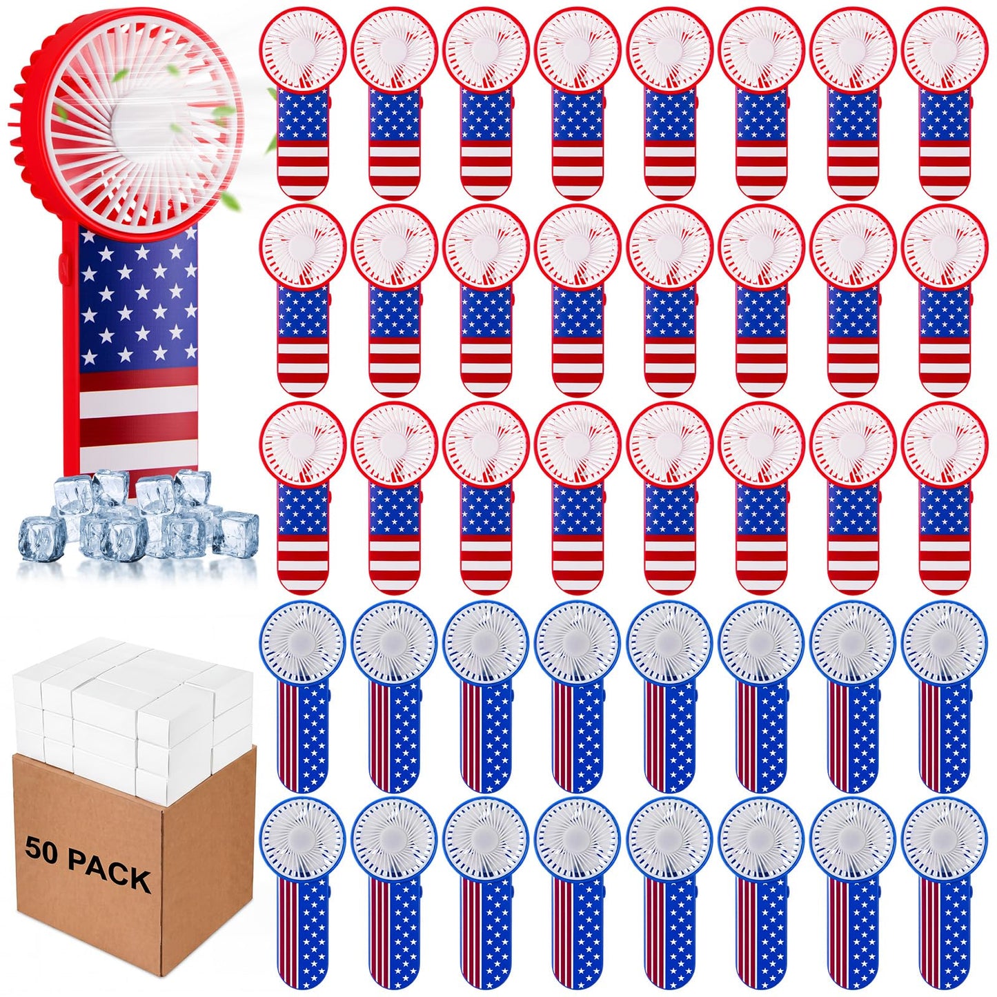 VIHOSE 50 Pcs Independence Day Mini Handheld Electric Fans Bulk Portable Handheld Fans Battery Powered for 4th of July Outdoor Summer Travel Beach Cooling Gifts