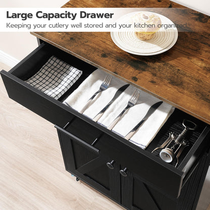 HOOBRO Kitchen Island with Power Outlet, Rolling Kitchen Island with Large Worktop, Kitchen Island Cart with Spice Rack and Drawer, Island Table for Dining Room, Rustic Brown and Black BF88UZD01