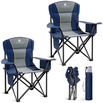 LET'S CAMP Folding Camping Chair Oversized Heavy Duty Padded Outdoor Chair with Cup Holder Storage and Cooler Bag, 450 LBS Weight Capacity, Thicken 600D Oxford,2 Pack