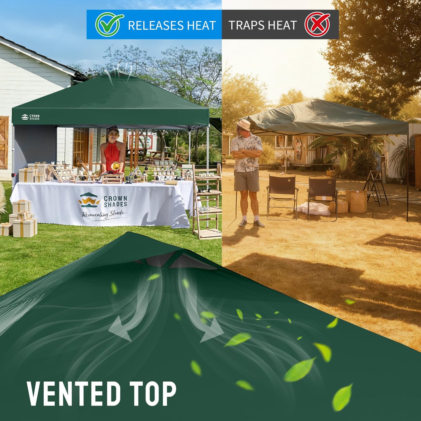 CROWN SHADES Pop Up Canopy with 1 Side Wall - Beach Tent with One Push Setup - Outdoor Sun Shade for Events, Parties, Camping - Gazebo with STO-N-Go Cover Bag, Forest Green, 12x12FT