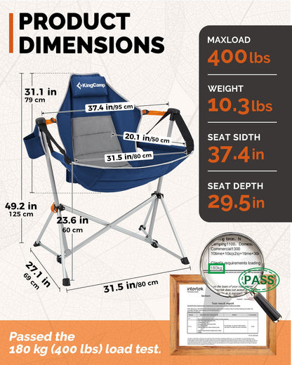 KingCamp Hammock Camping Chair, Swinging Portable Camp Chairs for Adults, 400lbs Heavy Duty Oversized Folding Rocking Chair with Adjustable Recline, Aluminum Alloy Frame for Outdoor Patio Beach Sport