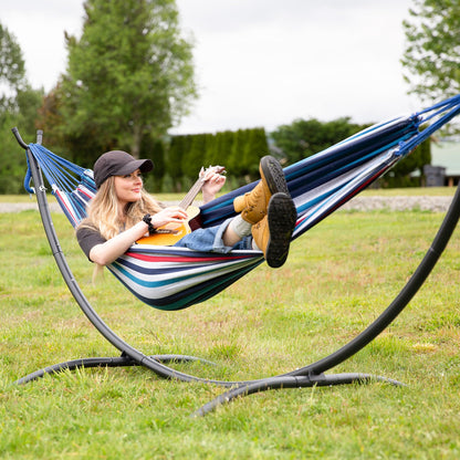 SUNCREAT Hammocks for Outside with Stand, Porch Hammock and Stand, 475 lbs Capacity, Blue & Red Stripes