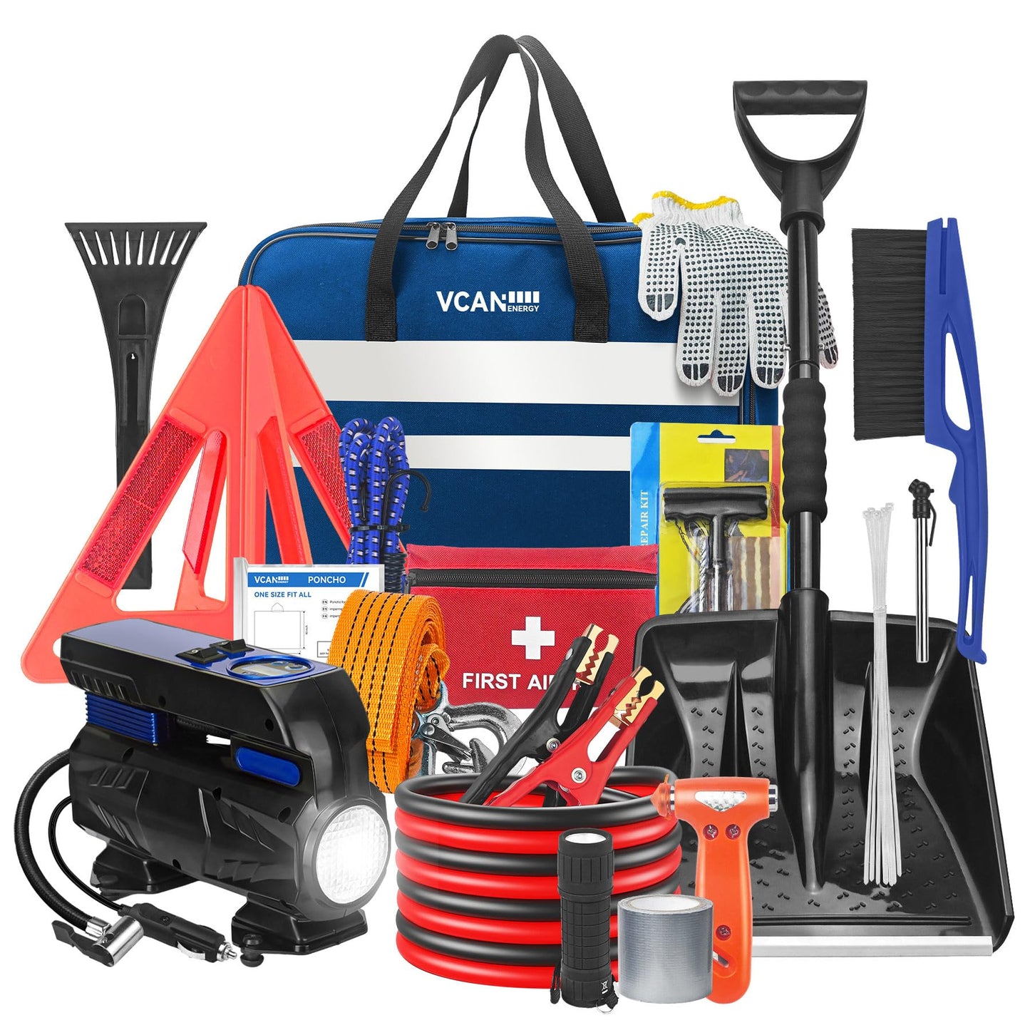 Car Emergency Safety Kit Bag with Digital Air Compressor,Jumper Cables,First Aid Kit, Winter Vehicle Roadside Safety Kit with Detachable Snow Shovel, for Women, Men, Teen