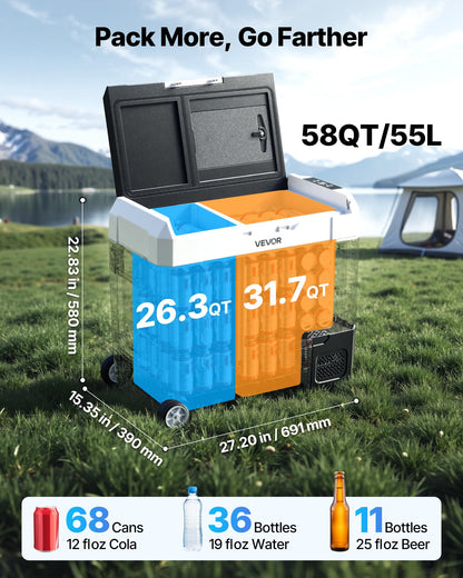 VEVOR Car Refrigerator, DC 12/24V AC100-240V Compressor Electric Cooler, -4°F to 68°F Truck Refrigerator with APP Control, Wheels & Dual Zone, 58 QT Cars Cooler for RVs, Boats, Camping, Fishing