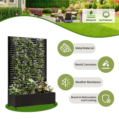 Metal Planter Box with Trellis and Wheels, 73"x47"x16" Galvanized Steel Raised Garden Bed with Drainage Holes, Outdoor Planter with Privacy Screen Function for Climbing Plants and Vines