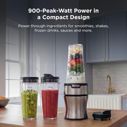 Ninja Nutri-Plus Personal Blender - Compact Push-To-Blend for Smoothies & Frozen Drinks | 3 To-Go Cups & Lids | 900 Peak Watt | Silver | BN301