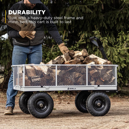 Gorilla Carts Steel Utility Garden Cart, 1,000-Pound Capacity, Gray - Heavy-Duty Outdoor Wagon with Removable Sides, 13-Inch Pneumatic Tires, and Convertible Pull or Tow Handle