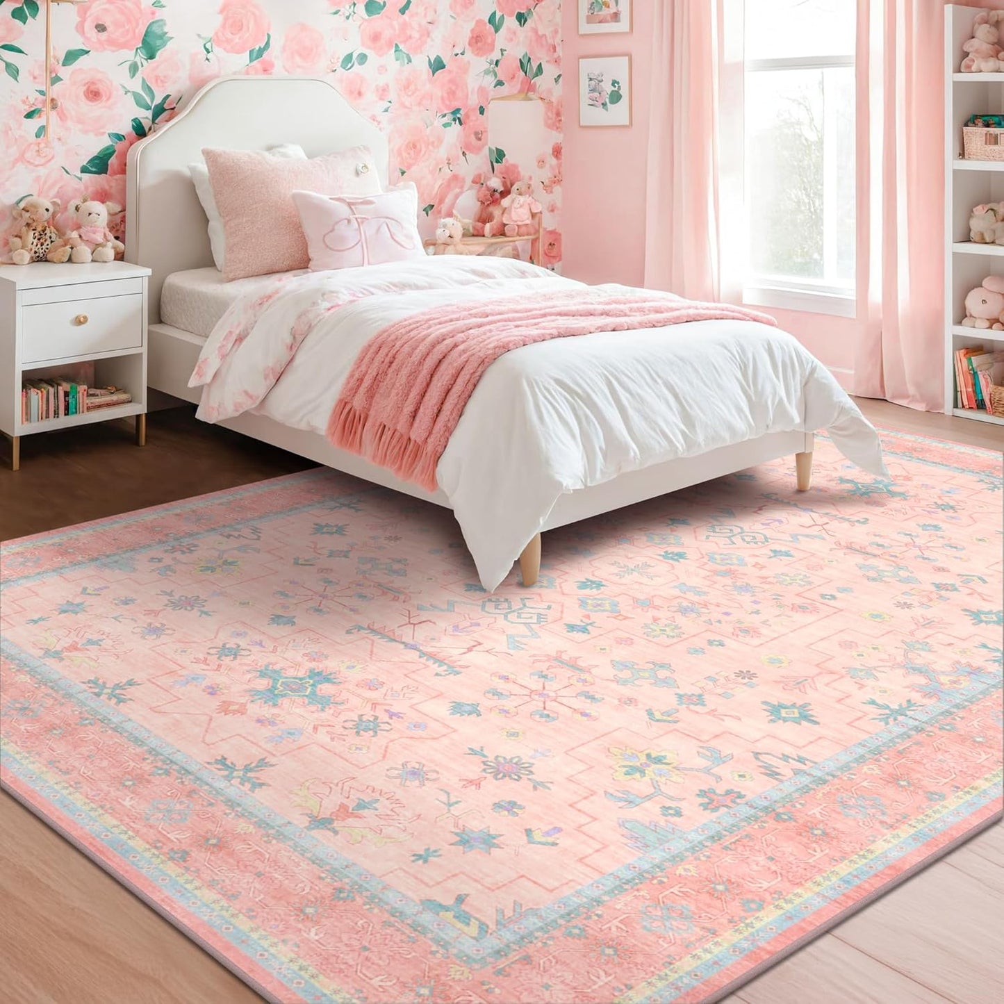 Oushak Rugs | Washable 9x12 Pink and Blue Area Rug - Modern Floral Design, Soft Faux Wool, Non-Slip