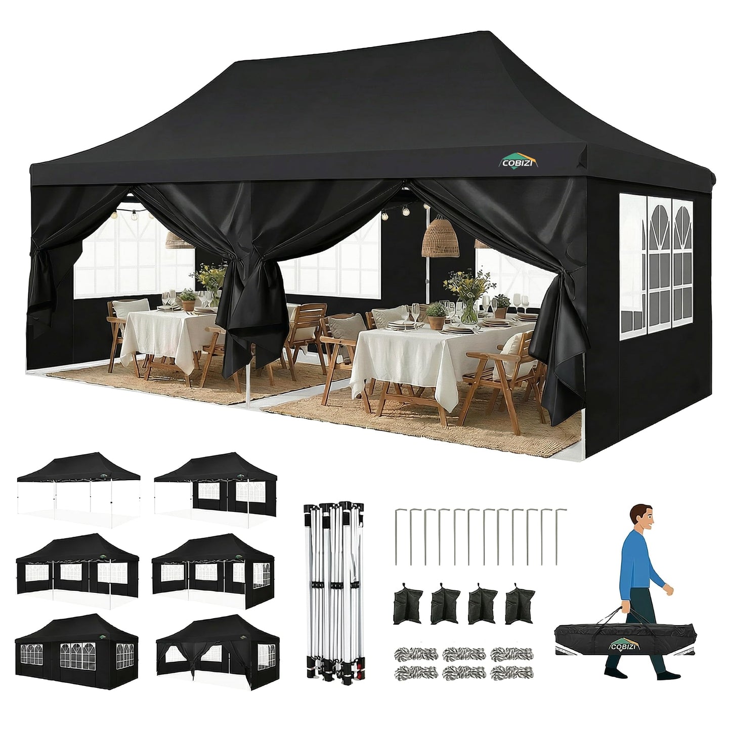 COBIZI Canopy 10x20 Pop Up Canopy Tent with 6 Sidewalls, Waterproof Commercial Canopy Ez Outdoor Instant Gazebo UV Protection 50+ Event Shelter, Garden Tents for Parties with Sandbags, Black