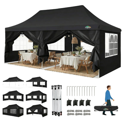 COBIZI Canopy 10x20 Pop Up Canopy Tent with 6 Sidewalls, Waterproof Commercial Canopy Ez Outdoor Instant Gazebo UV Protection 50+ Event Shelter, Garden Tents for Parties with Sandbags, Black