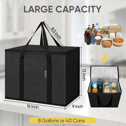 BALEINE 2Pk Insulated Reusable Grocery Bags, Collapsible Cooler Bag for Groceries, Heavy Duty Large Insulated Bag (16''x9''x13'', Charcoal Black)