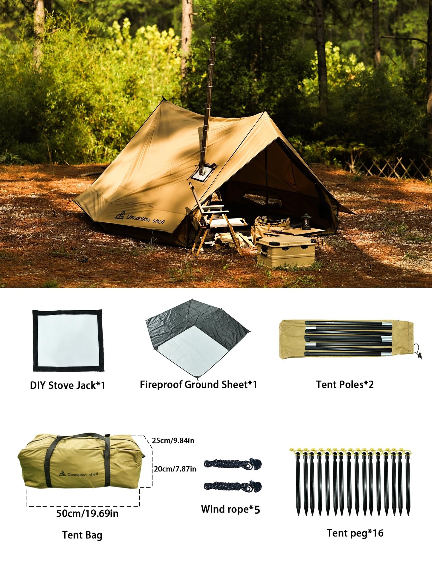Dandelion Shell Hot Tent Cabin Plus X3 with Stove Jack – 4 Season Lightweight Shelter for 2–3 People, Waterproof & Windproof, Ideal for Camping, Backpacking, Hiking, Hunting & Fishing