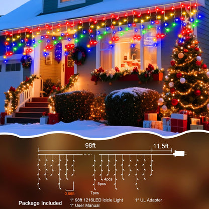 JDGJYDS 98 Ft Ice Lights for Outside, 1216 LED Christmas Lights Outdoor Plug in, Christmas String Lights with 8 Modes & Timer for Holiday, Party, Wedding, House, Patio, Outdoor Decor(Cool White)
