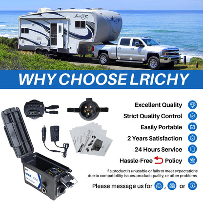 Lrichy Trailer Light 7-Way Plug Tester with 7, 6, 4/5 Pin Adapter, Water-Resistant Portable Electric Brake Tester for RV/Boat/Utility Trailer with Short Circuit Protection(Battery NOT Included)