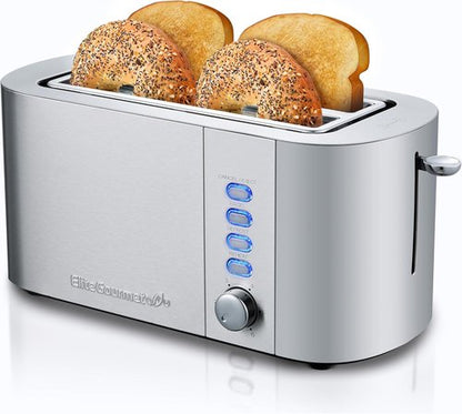 Elite Gourmet ECT4123X 4-Slice Toaster - Extra Wide Slots, 6 Shade Settings, Stainless Steel Finish