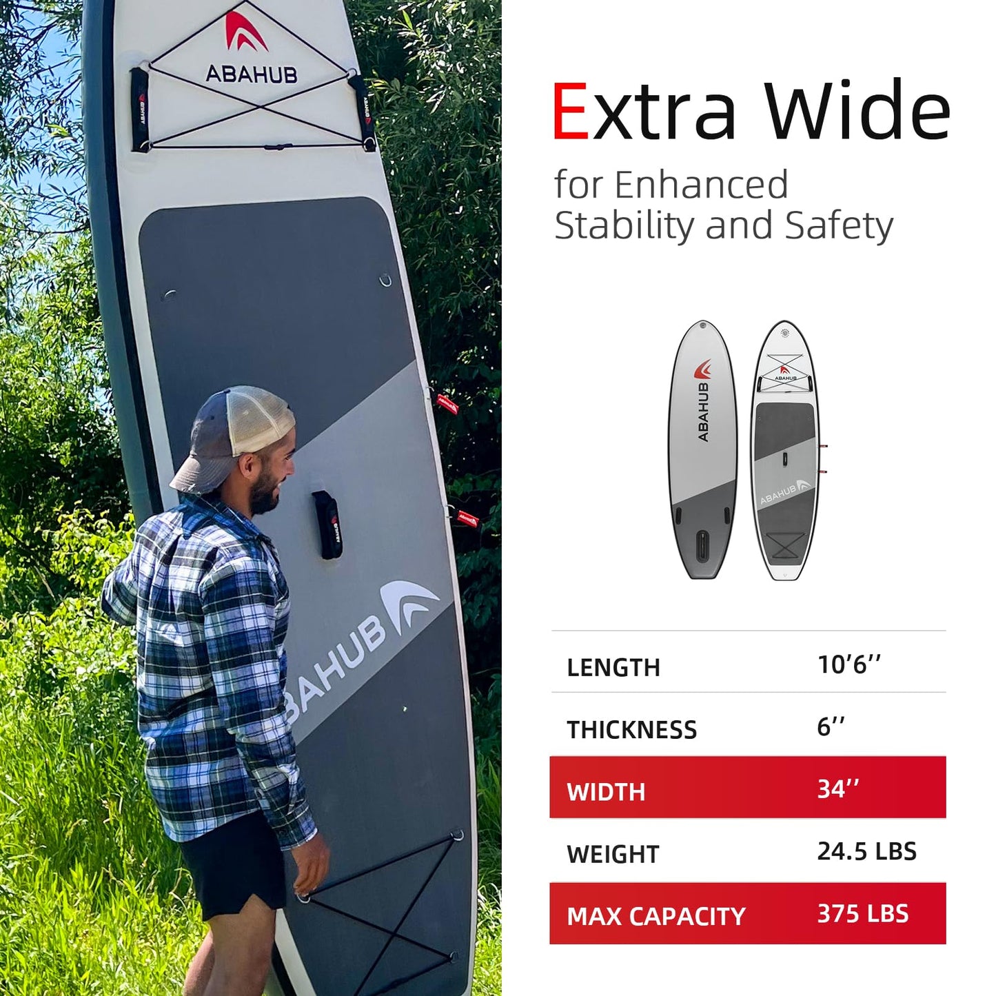 Abahub Inflatable SUP, Wide 10'6" x 31"/34" iSUP, Orange Standup Paddleboard with Adjustable SUP Kayak Paddle, for Yoga, Paddle Board, Kayaking, Surf, Canoe, Fishing