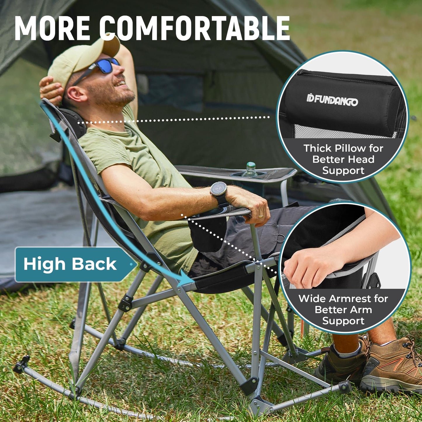 FUNDANGO Rocking Camping Chair, High Mesh Back Portable Folding Camp Chairs with Pillows, Cup Holder and Carry Bag for Lawn Patio Garden Outdoor Supports 300 Lbs (Black/Grey)