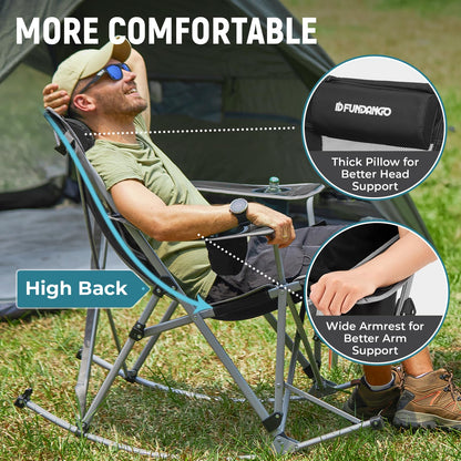 FUNDANGO Rocking Camping Chair, High Mesh Back Portable Folding Camp Chairs with Pillows, Cup Holder and Carry Bag for Lawn Patio Garden Outdoor Supports 300 Lbs (Black/Grey)