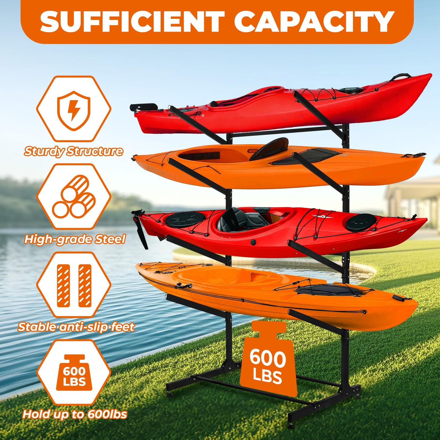 Wemily Freestanding Kayak Storage Rack – Vertical 4-Tier Organizer for Kayaks, Canoes & Paddleboards, Heavy-Duty Indoor/Outdoor Stand with Protective Foam Padding