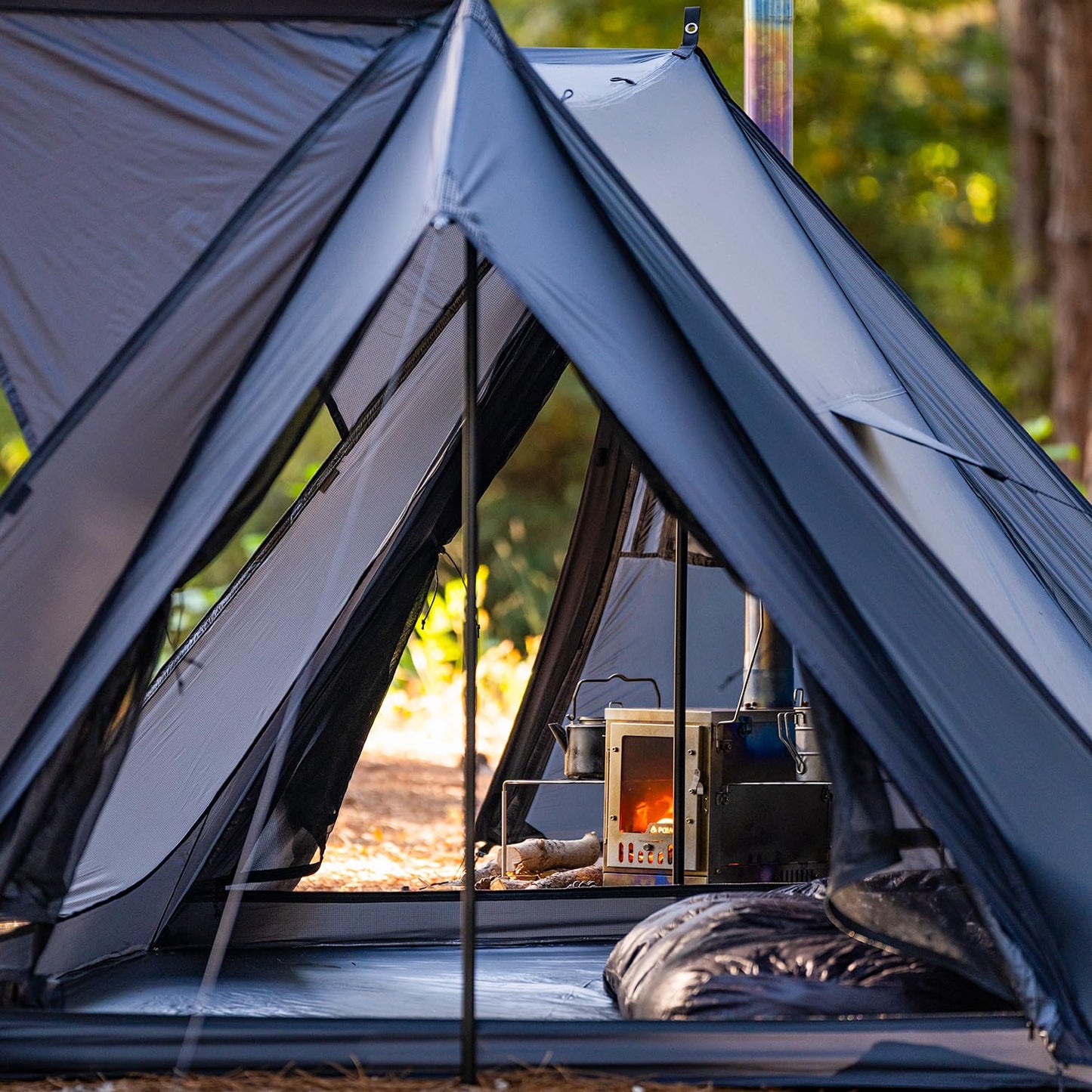 POMOLY Hot Tent Bushcraft Tent, STOVEHUT 20 Ultralight Shelter with 4 Poles for 1-2 Person Camping, Hiking, Backpacking (Blue Grey)