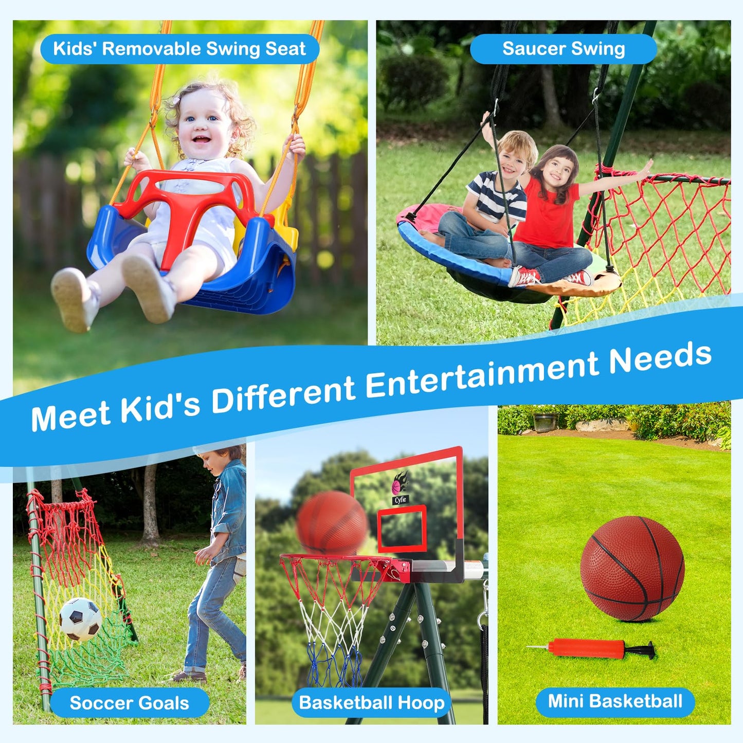 CYFIE Swing Sets for Backyard, 7-in-1 Kids Swing Set and Saucer Swing, Outdoor 440lbs Heavy Duty Metal Frame Stand, Basketball Hoop and Soccer Goal, Toddler Playset for Backyard, Playground