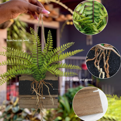 FAICOIA 2 Pcs Hanging Planter Vase Wall Decor with Artificial Plants Persian Fern Wooden Base Window Wall Planter Holder for Outdoor Indoor Hanging Plant Shelves for Home Decor Plant Holder Kitchen
