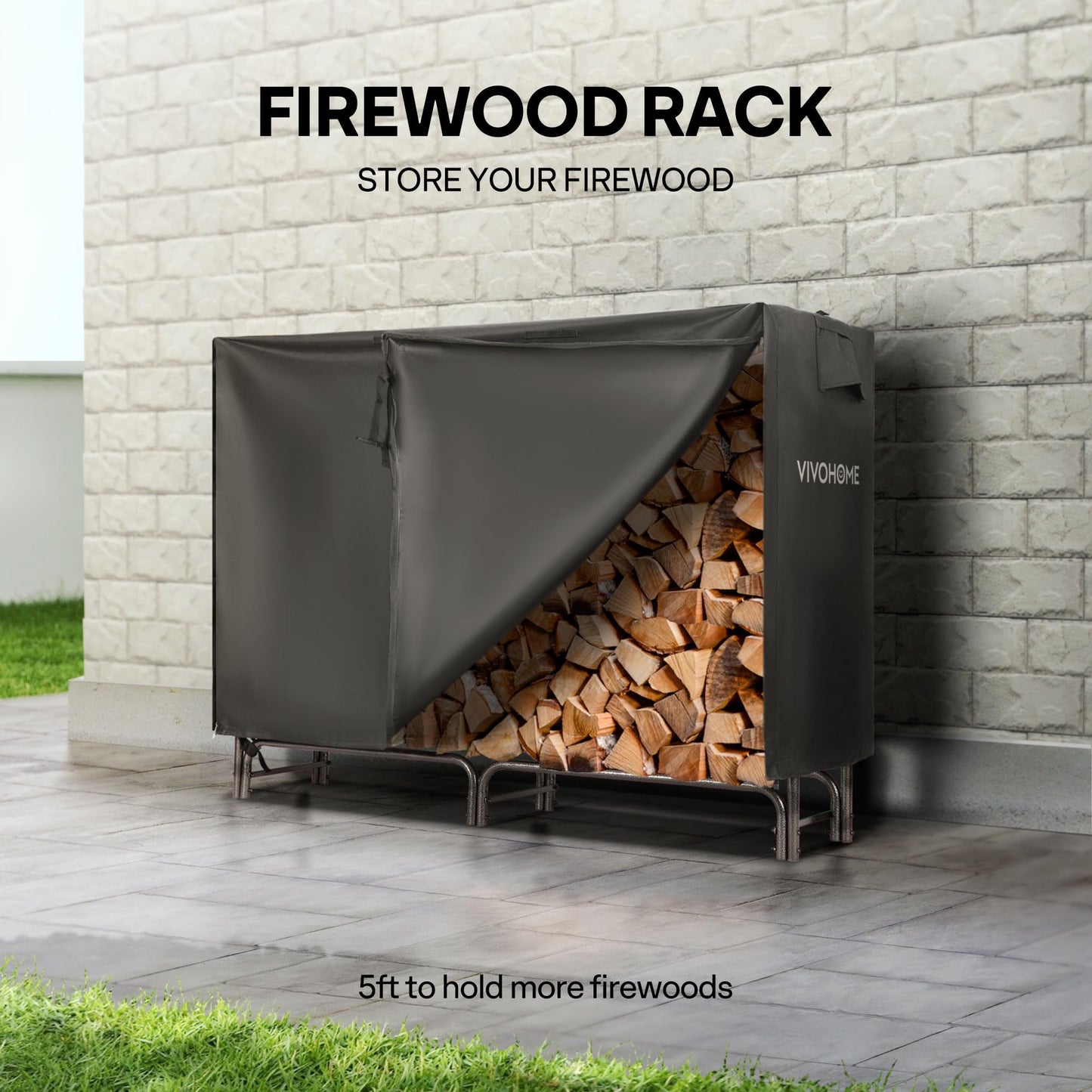 VIVOHOME 5ft Heavy Duty Indoor Outdoor Firewood Storage Log Rack 41 Inches Firewood Log Rack Hoop with Cover